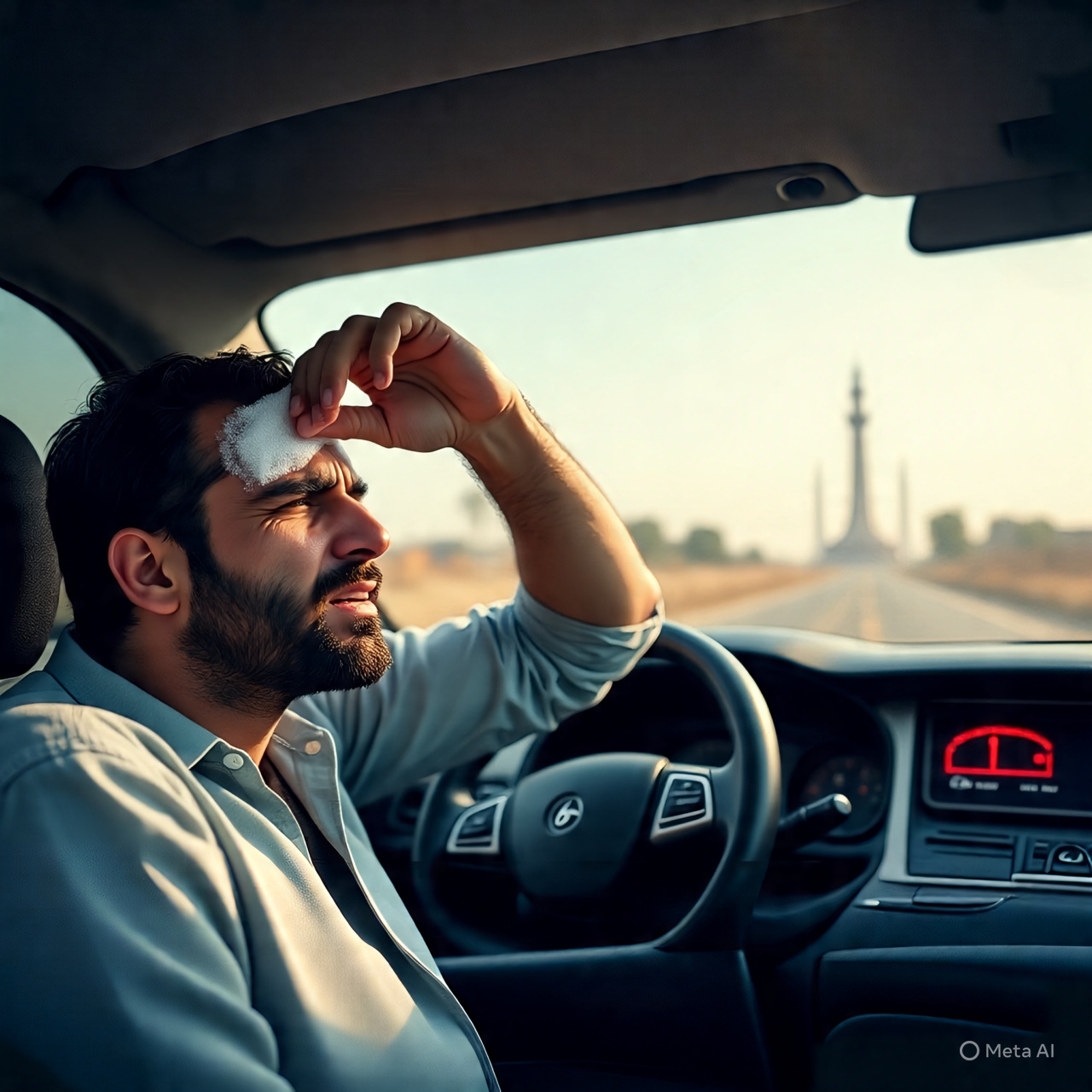 Frustrated driver in a car under Lahore’s summer heat,
