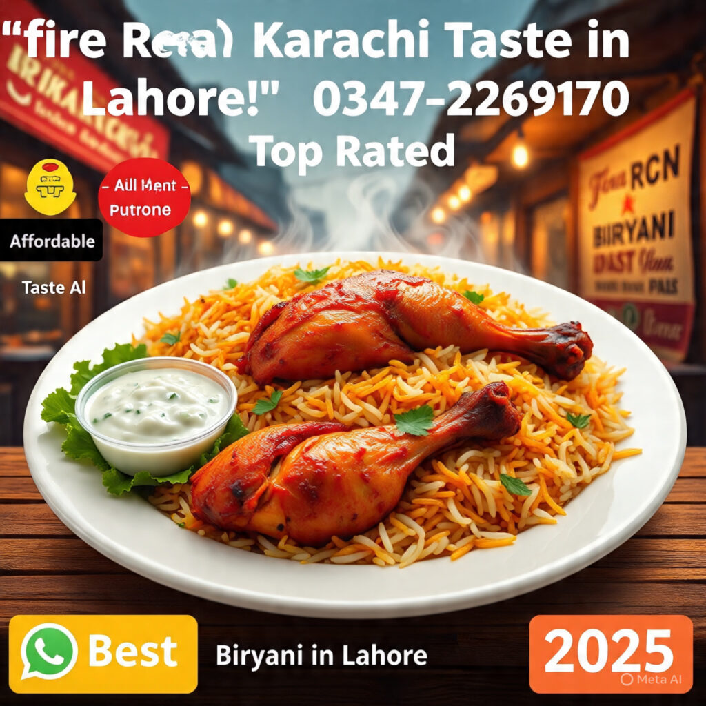 Karachi-style chicken biryani served with salad and raita at Al Syed Biryani in Lahore — labeled as the best biryani in Lahore 2025, with steam rising from spicy rice and bold street food vibes in the backgroun