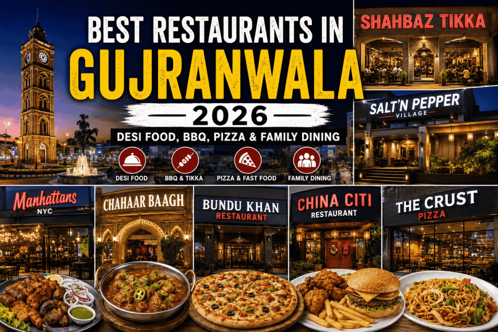 Best restaurants in Gujranwala 2026 featured image showing desi food, BBQ, pizza, buffet and family dining