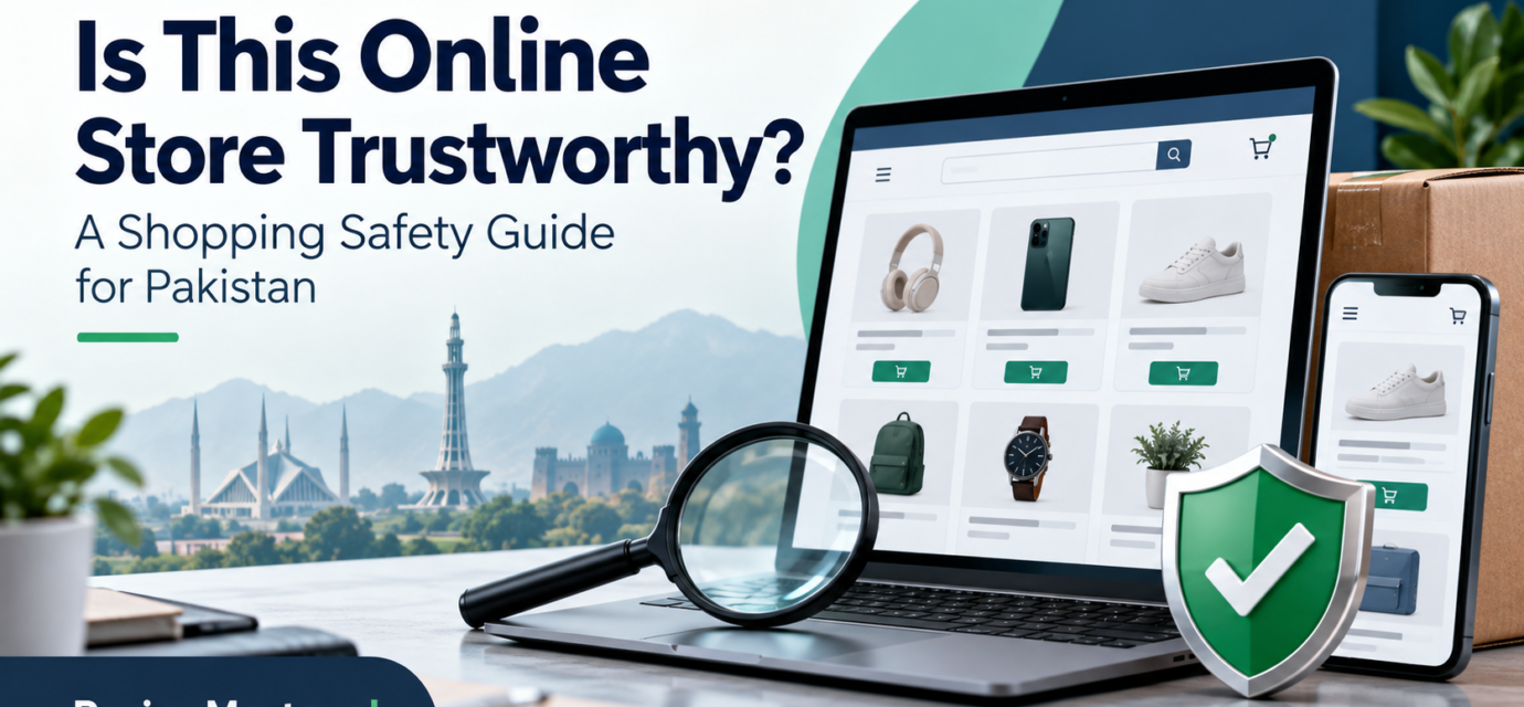 Online shopping safety in Pakistan illustrated with a laptop, magnifying glass and security shield.