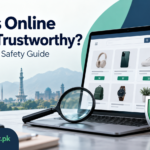 Online shopping safety in Pakistan illustrated with a laptop, magnifying glass and security shield.