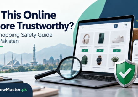 Online shopping safety in Pakistan illustrated with a laptop, magnifying glass and security shield.