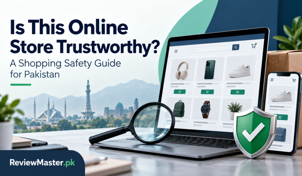 Online shopping safety in Pakistan illustrated with a laptop, magnifying glass and security shield.
