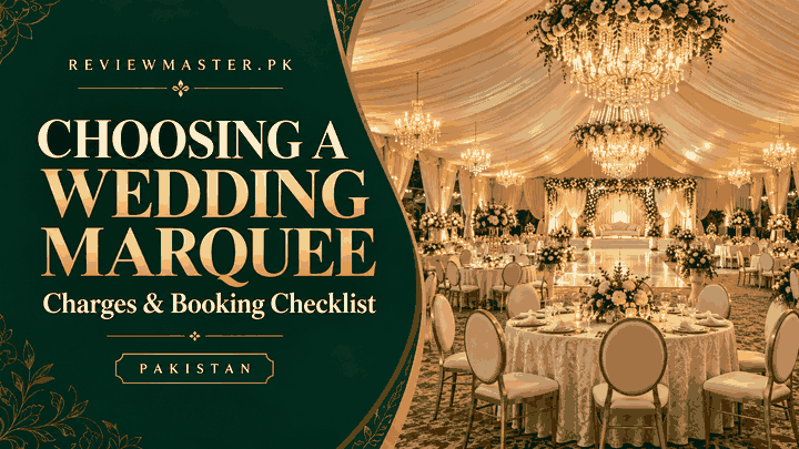 Wedding marquee decorated with chandeliers, flowers and round tables for a guide to venue charges and booking in Pakistan.